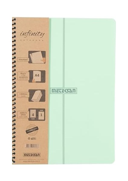 Infinity Pastel Serisi, A4, 5 Konulu (4 Kareli, 1 Çizgili) 150 Yaprak Pp Kapaklı Spiralli Defter, Yeşil