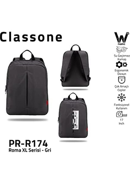 PR-R174 Roma Serisi Su Geçirmez Kumaş 17" Notebook Laptop Sırt Çantası, Gri