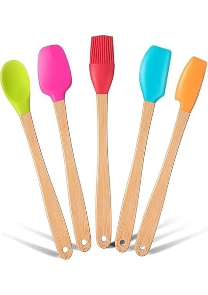 Silikon Spatula ve Fırça Seti, 5 Parça, Karışık Renkli, Bambu Saplı modelleri