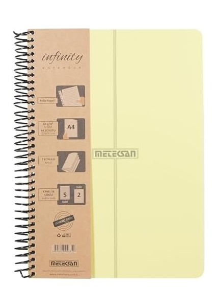 Infinity Pastel Serisi, A4, 7 Konulu (5 Kareli, 2 Çizgili) 210 Yaprak Pp Kapaklı Spiralli Defter, Sarı modelleri