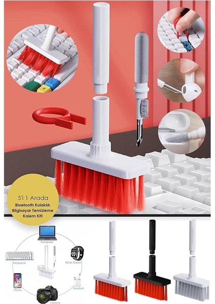 Çok Amaçlı Kırmızı Hassas Fırça Başlıklı Bilgisayar Klavye Laptop Temizleme Fırçası 5 In 1