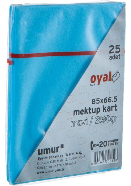 Mektup Kartı, 665 x 85 Mm, 250 Gr, 25'li, Mavi