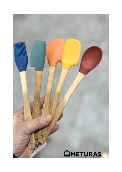 Mutfak Bambu Silikon Isıya Dayanıklı Kaşık Kepçe Takımı 5'li Set Renkli