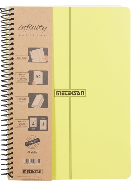 Infinity Primary Serisi, A4, 5 Konulu (4 Kareli, 1 Çizgili) 150 Yaprak Pp Kapaklı Spiralli Defter, Sarı