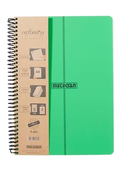 Infinity Primary Serisi, A4, 7 Konulu (5 Kareli, 2 Çizgili) 210 Yaprak Pp Kapaklı Spiralli Defter, Yeşil