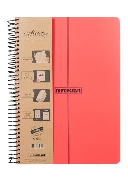 Infinity Primary Serisi, A4, 7 Konulu (5 Kareli, 2 Çizgili) 210 Yaprak Pp Kapaklı Spiralli Defter, Kırmızı modelleri
