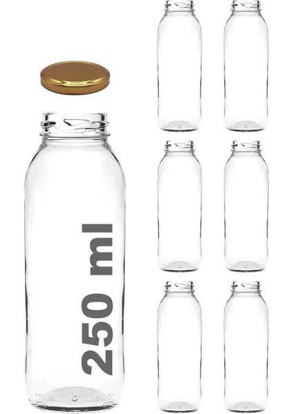 250 ml Metal Kapaklı Meyve Suyu, Meşrubat, Limonata Şişesi 250 cc Cam Şişe 6 Adet (Altın/gold)