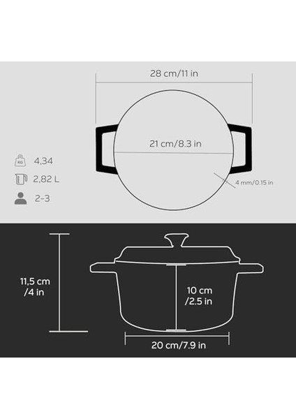 Metal Döküm Yuvarlak Tencere, 20 Cm, Siyah