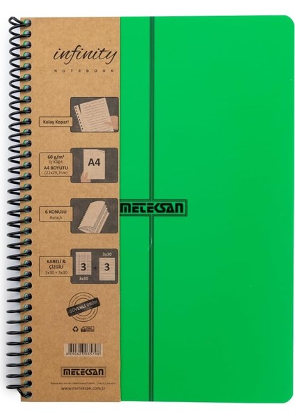 Infinity Primary Serisi, A4, 6 Konulu (3 Kareli, 3 Çizgili) 180 Yaprak Pp Kapaklı Spiralli Defter, Yeşil