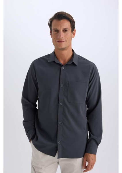 Regular Fit Polo Yaka Basic Düz Gofre Uzun Kollu Gömlek D8713AX25SP