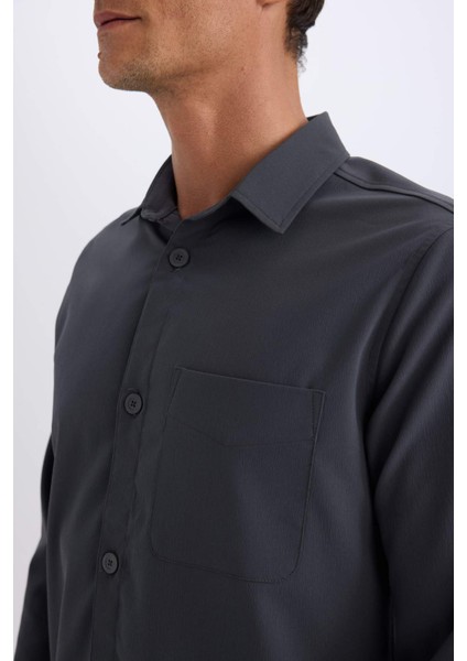 Regular Fit Polo Yaka Basic Düz Gofre Uzun Kollu Gömlek D8713AX25SP