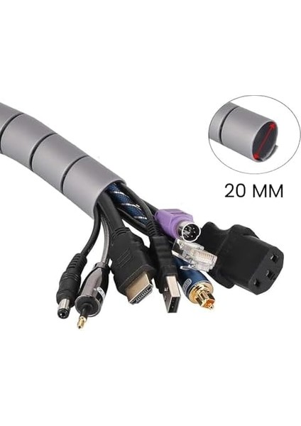 Spiral Kablo Kanalı Kablo Fiş Düzenleyici Toplayıcı Tutucu Gri, 1 mt x 20 mm (2 Adet) fiyatları