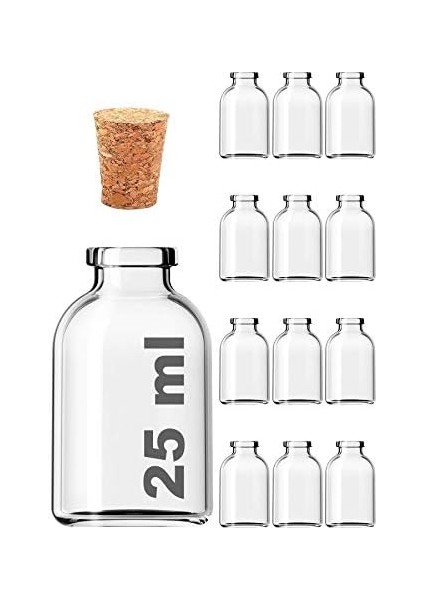 Şeffaf 25 ml / 25 cc Mantar Tıpalı Boş Cam Şişe 12 Adet