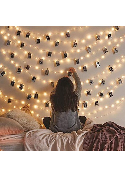 Peri LED Işık 10 Metre (Sarı) Pilli + 50 Adet Küçük Mandal