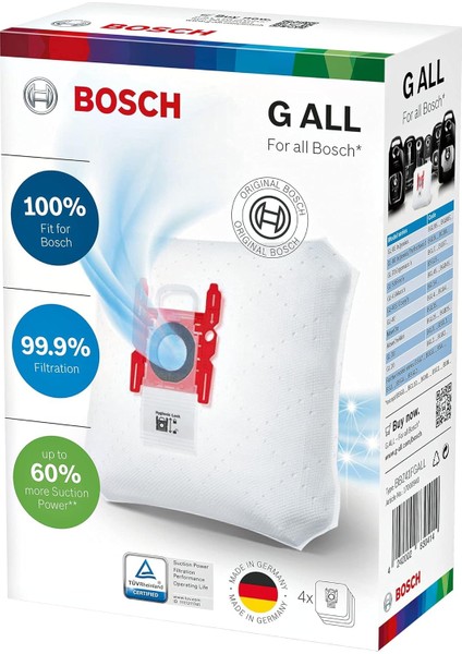 Hausgeräte Bosch Powerprotect Tip G All BBZ41FGALL, 4 x Elektrikli Süpürge Torbası,%99,9 Ince Toz Filtreleme,%50 Daha Uzun Kullanım Ömrü, Bsg8, Bsn1 Hariç Tüm Güncel Seriler Için Uygundur