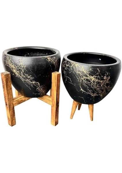 Tasarımı Ev Dekorasyon Siyah Üzeri Gold Mermer Efektli Toprak Saksı Saksılık Salon Çiçeklik Ikili Set 3 Ayaklı- 4 Ayaklı- 15 cm modelleri