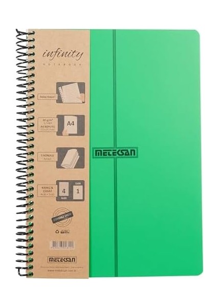 Infinity Primary Serisi, A4, 5 Konulu (4 Kareli, 1 Çizgili) 150 Yaprak Pp Kapaklı Spiralli Defter, Yeşil fiyatları