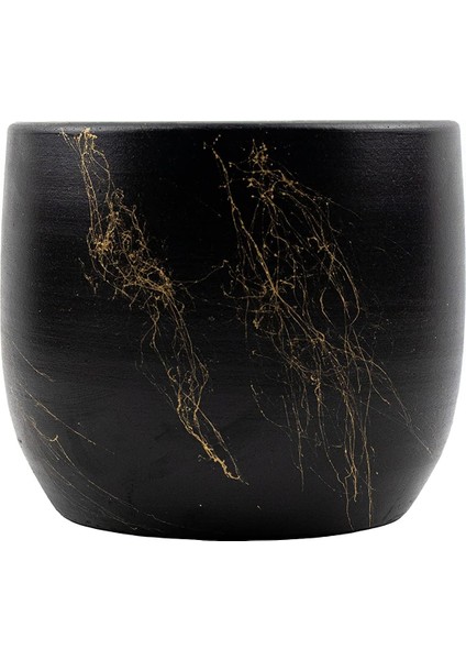 Tasarımı Ev Dekorasyon Aksesuar Siyah Üzeri Gold Mermer Efektli Toprak Saksı Saksılık Salon Çiçeklik - 19 cm