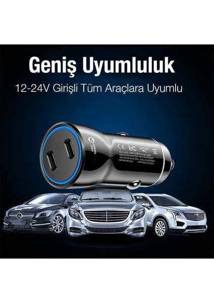 Polham Süper Hızlı Şarj 60W Ultra Hızlı 2x Pd Type C Girişli Araç Şarj Başlığı, 12/24V Tüm Girişlere Uyumlu, Isı ve Akım Korumalı Şarj Başlığı