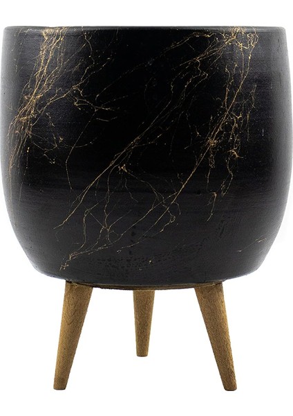 Tasarımı Ev Dekorasyon Aksesuar Siyah Üzeri Gold Mermer Efektli Toprak Saksı Saksılık Salon Çiçeklik 3 Ayaklı - 19 cm