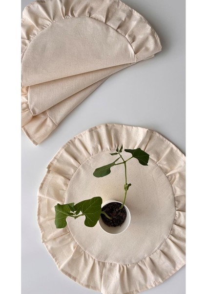 Alamode Natural Ham Keten Fırfırlı Yuvarlak Amerikan Servisi 4 Lü Set 40 x 40 cm