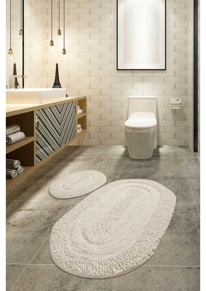 Macoroni Ekru 2li Set Banyo Halısı, PASPASI Doğal Pamuklu Cotton