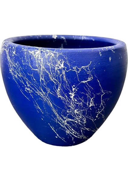 Tasarımı Ev Dekorasyon Lacivert Üzeri Beyaz Mermer Efektli Toprak Saksı Saksılık Salon Çiçeklik - 15 cm