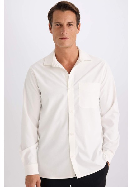 Regular Fit Polo Yaka Basic Düz Gofre Uzun Kollu Gömlek D8713AX25SP