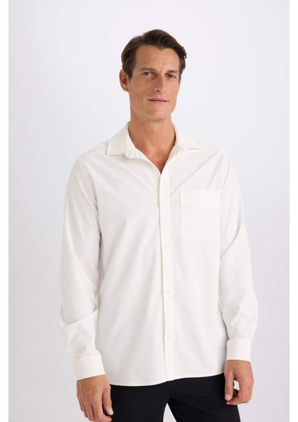 Regular Fit Polo Yaka Basic Düz Gofre Uzun Kollu Gömlek D8713AX25SP
