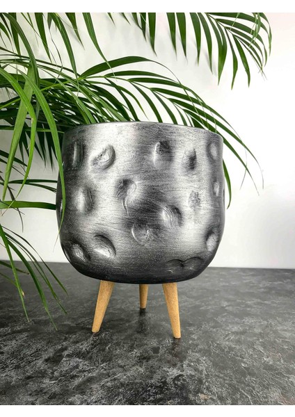 Tasarımı Ev Dekorasyon Aksesuar Gümüş Desenli Toprak Saksı Saksılık Salon Çiçeklik 3 Ayaklı - 19 cm