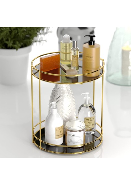 2 Katlı Dekoratif Takı Aksesuar Kozmetik Standı Gold EG213