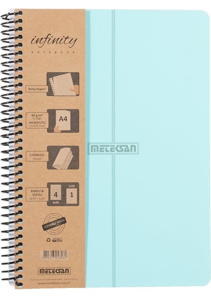 Infinity Pastel Serisi, A4, 5 Konulu (4 Kareli, 1 Çizgili) 150 Yaprak Pp Kapaklı Spiralli Defter, Mavi