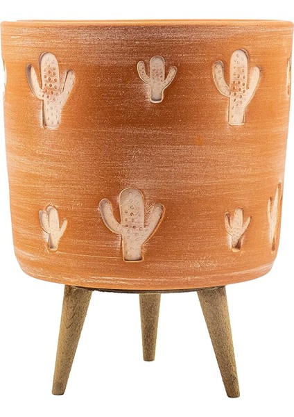 Tasarımı Ev Dekorasyon Aksesuar Kaktüs Desenli Toprak Saksı Saksılık Salon Çiçeklik 3 Ayaklı - 19 cm