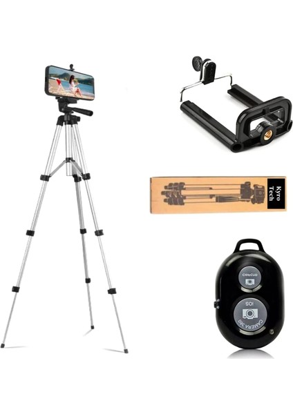 Bluetooth Kumandalı Tripod Profesyonel Telefon Tutuculu Tripod Çanta Hediyeli Kamera Tripod Telefon Tutuculu Canon, Nikon, Pentax, Sony Gümüş, Kyrotech