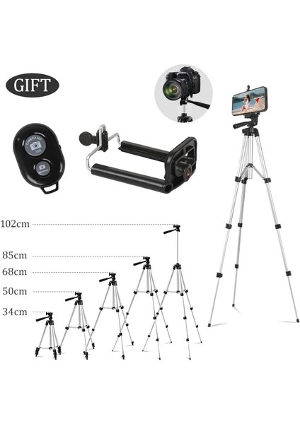 Bluetooth Kumandalı Tripod Profesyonel Telefon Tutuculu Tripod Çanta Hediyeli Kamera Tripod Telefon Tutuculu Canon, Nikon, Pentax, Sony Gümüş, Kyrotech fiyatları