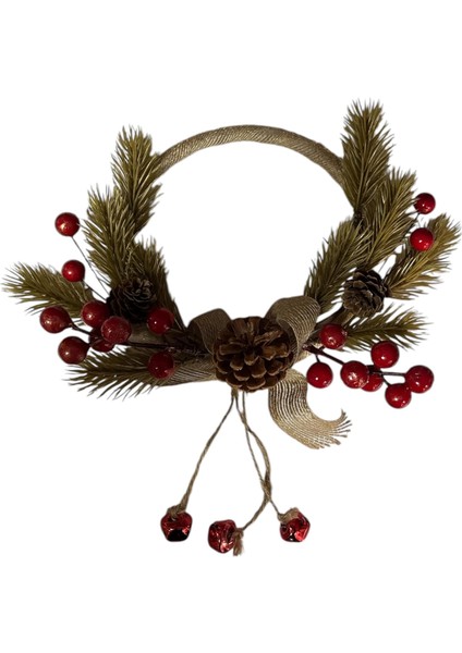 Dekoratif Kapı Çelengi, Çam Dalları, Kırmızı Çiçekler ve Kozalaklar