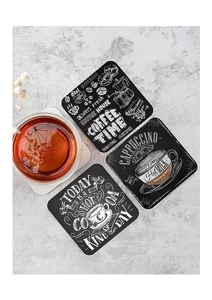Siyah Kahve/coffee Temalı Bardak Altlığı Ahşap Baskılı Altlık 6'lı Set (9 x 9 cm ) KARBONNM43