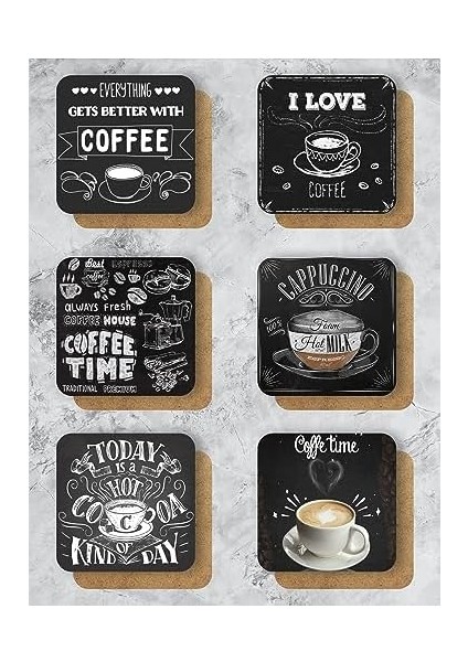 Siyah Kahve/coffee Temalı Bardak Altlığı Ahşap Baskılı Altlık 6'lı Set (9 x 9 cm ) KARBONNM43