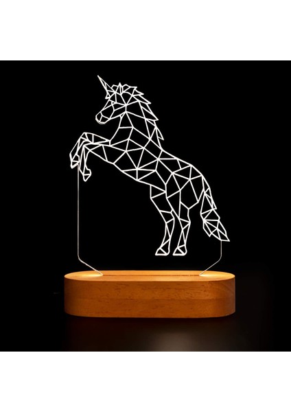 Unicorn 3 Boyutlu LED Masa Lambası - 60X140X30 mm - USB Bağlantılı Sarı Işık