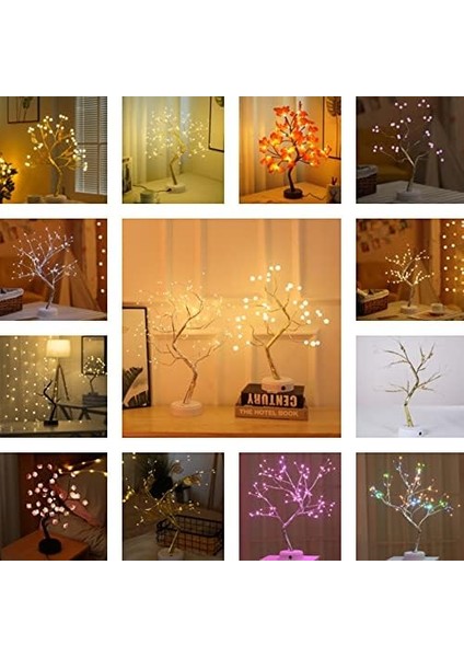 LED Gece Lambası Bonsai Tasarımlı Mini Ağaç Süslü LED Işıklı 2 Fonksiyonlu, Bükülebilir Kolay Dallar Dokunmatik LED Ağaç Lamba (Rain Flower) *M60LM*
