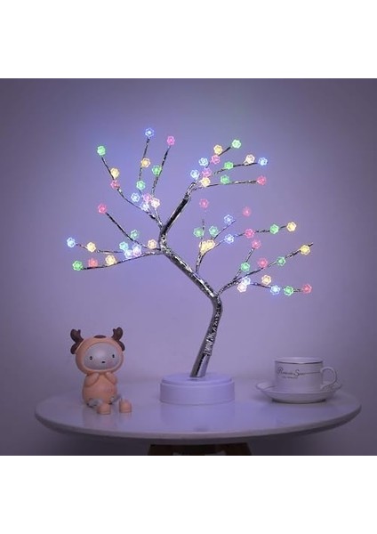 LED Gece Lambası Bonsai Tasarımlı Mini Ağaç Süslü LED Işıklı 2 Fonksiyonlu, Bükülebilir Kolay Dallar Dokunmatik LED Ağaç Lamba (Rain Flower) *M60LM*