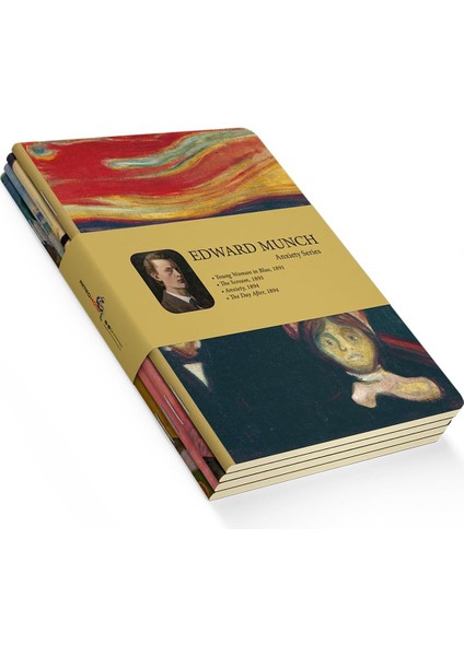 Anxiety Series - A5, Edward Munch 4'lü Defter Seti I, Çizgisiz, Toplam 256 Sayfa, Her Biri 64 Sayfa, Tel Dikiş, Esnek Kapak, Oval Kenar, Tuval Doku, 60 Gram, Sarı Krem Renk