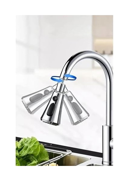 Krom 3 Fonksiyonlu Mutfak Lavabo Başlığı, 720 Derece Döner, Su Tasarruflu, Şık ve Dayanıklı Tek Musluk Ucu