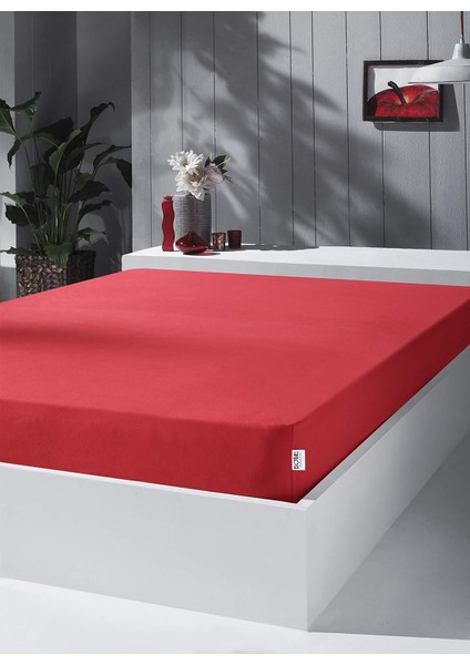 Home Örme Penye Lastikli Çarşaf, Tek Kişilik, Kırmızı, Pamuk-Elastan 230 G/m2