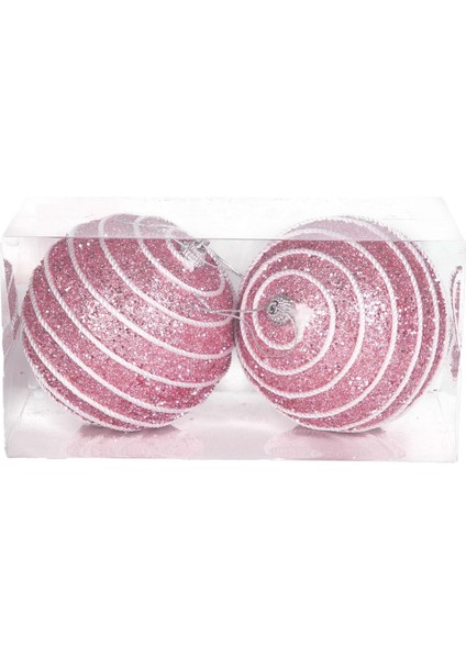 Yılbaşı Topu Pullu Beyaz Şerit Ip Desenli 2'li Paket Pembe 9 cm .