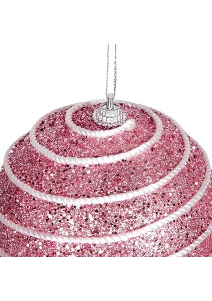 Yılbaşı Topu Pullu Beyaz Şerit Ip Desenli 2'li Paket Pembe 9 cm .