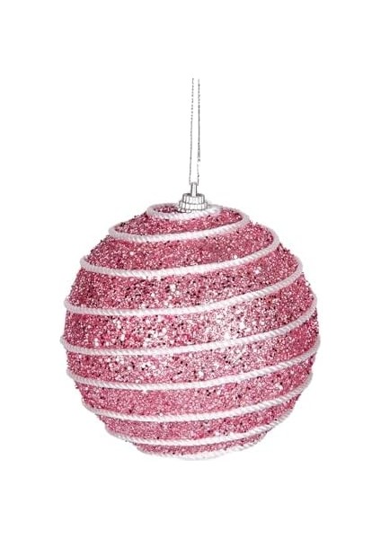 Yılbaşı Topu Pullu Beyaz Şerit Ip Desenli 2'li Paket Pembe 9 cm .