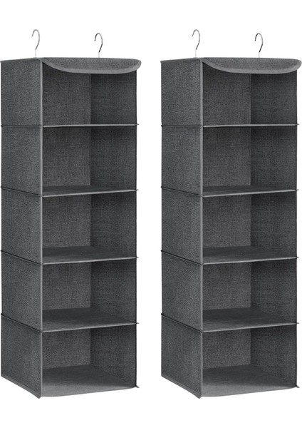 Askılı Gardırop Saklama Düzenleyici, 2'li Set Askılı Saklama Rafları, Katlanabilir Gardırop Giysi Düzenleyiciler, Metal Kancalı, Bambu Çubuklu, Keten Desenli, Gri RCH005G02