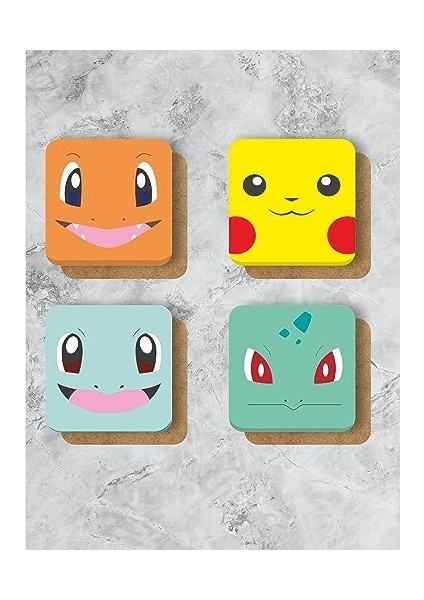 Pokemon Temalı Bardak Altlığı Ahşap Baskılı Altlık 4'lü Set (9 X9 cm) KARBONNM51