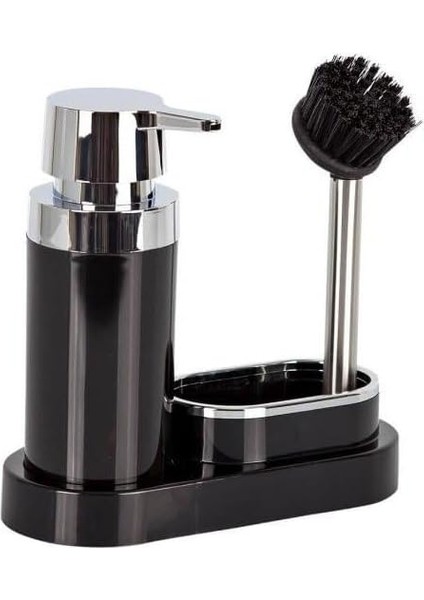 Polen Sıvı Sabunluk ve Fırça Mutfak Seti, 20 x 8,5 x 19,5 Cm, Siyah